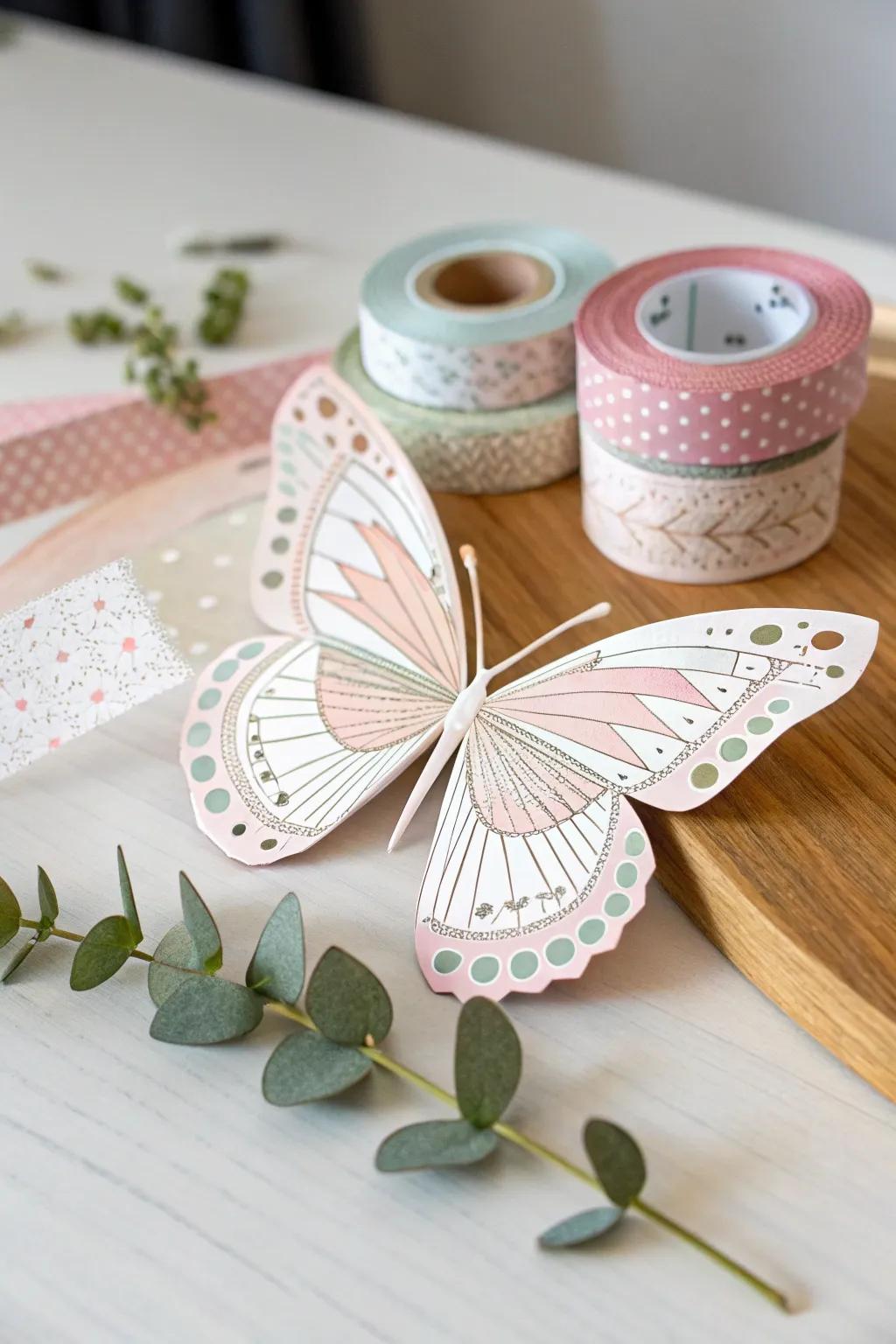 Transform your paper butterflies using the enchanting appeal of adhesive ribbon touches, melding minimalism with bohemian flair.