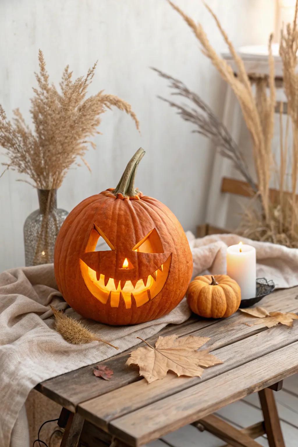 Embrace the element of surprise this season with this delightful wide-open jack-o'-lantern, a harmonious blend of minimalist and boho style.