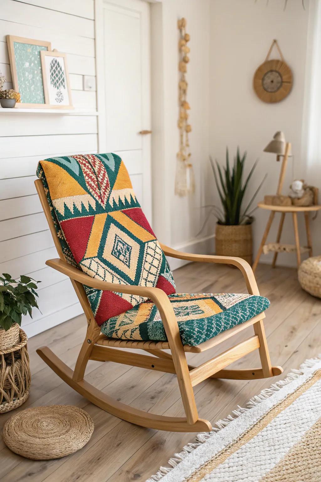 Infuse a burst of geometric joy into your child's recreation room with this vibrant rocking chair!