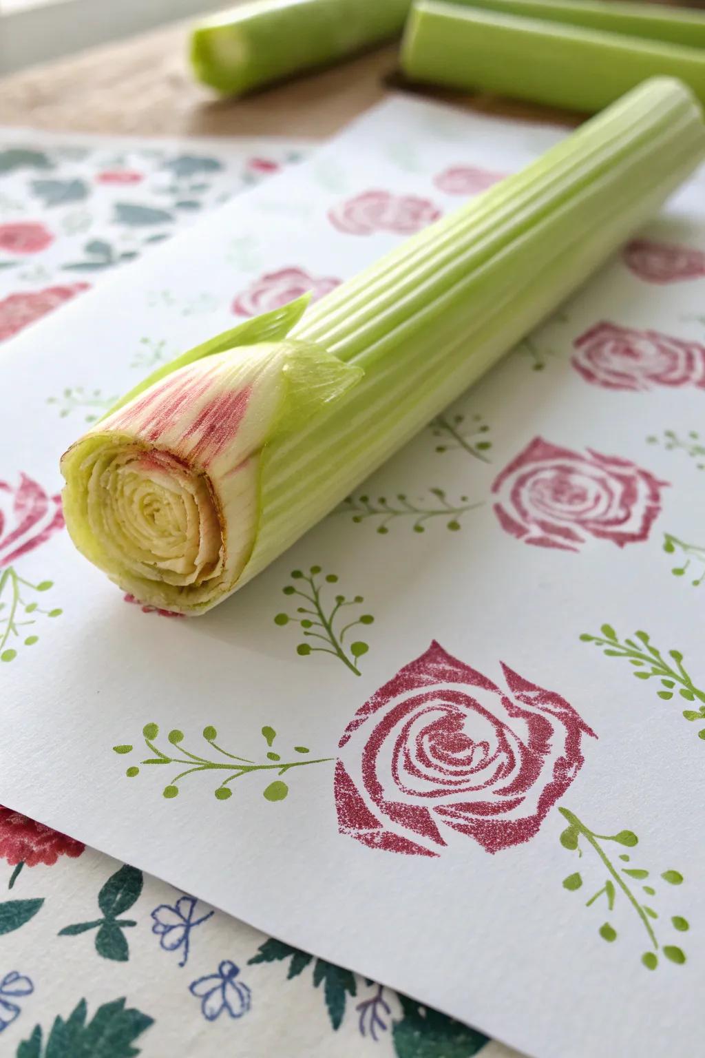 Fashioning springtime enchantment via celeriac stamps: Unpretentious, exquisite floral configurations.