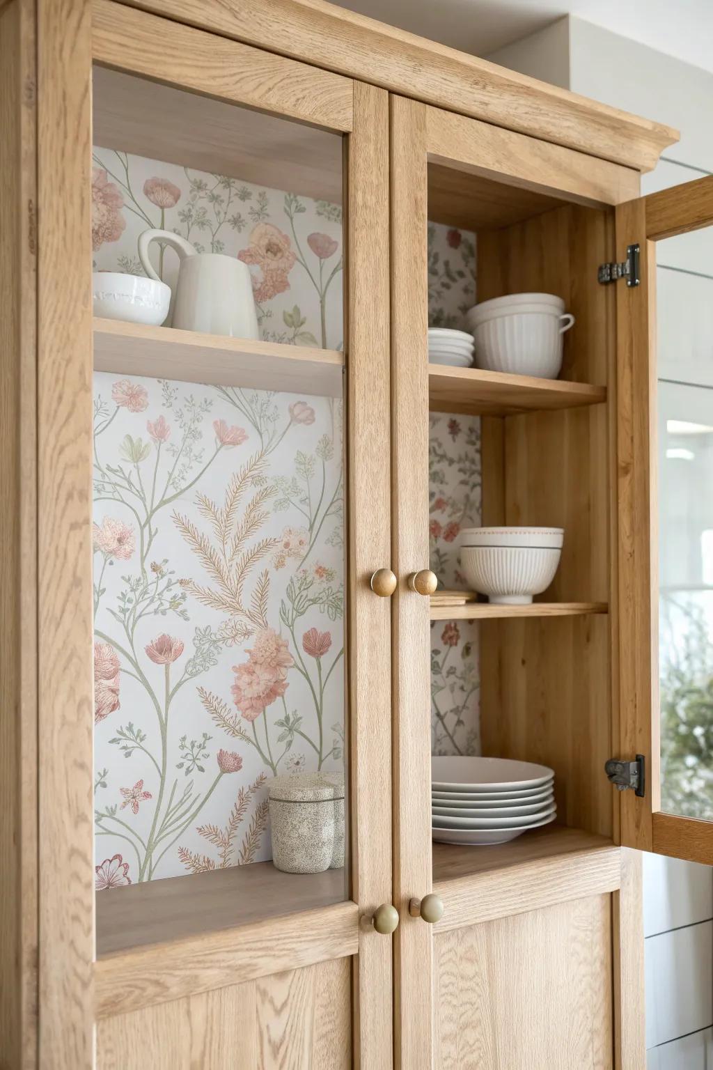 Transform your kitchen with a hint of surprise elegance by lining your cabinets with magnificent adhesive wallpaper.