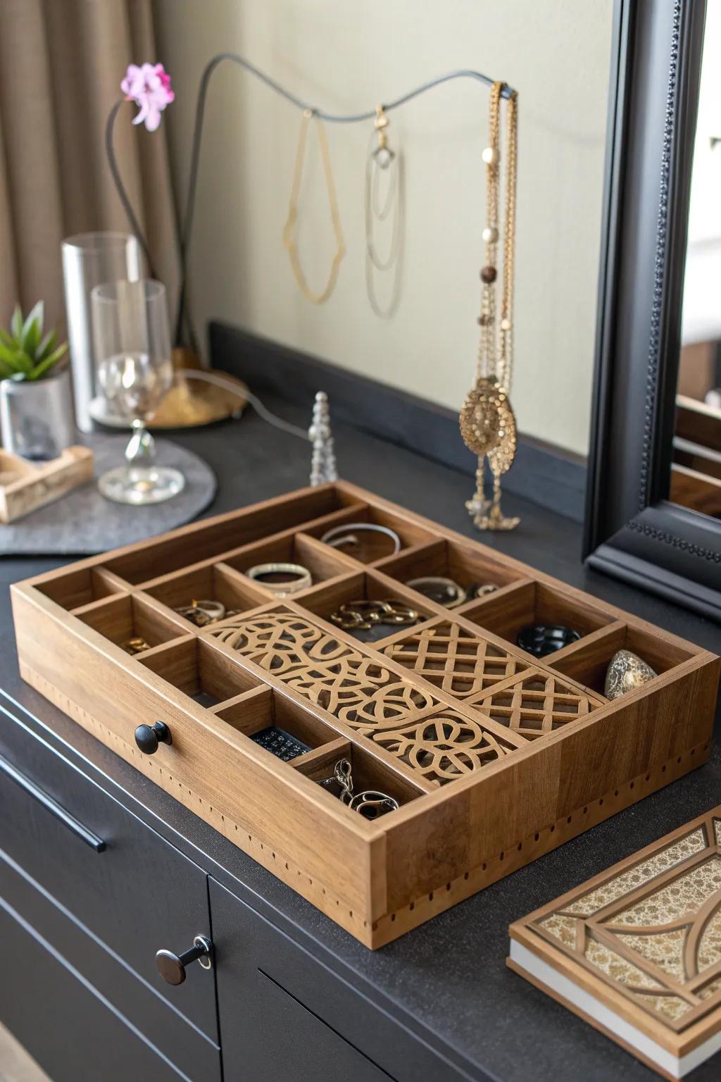 Elevate your accoutrement repertoire with this breathtaking exactness-etched timber trinket organizer - where artistry converges with elegance.