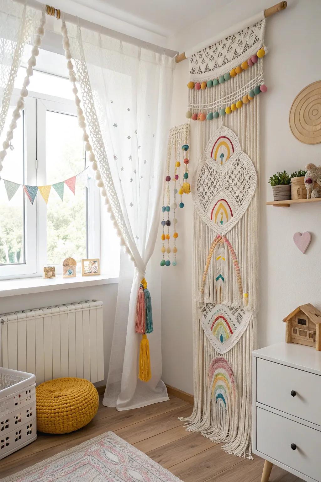 Introduce a burst of fun and ingenuity to your child's room with this charming macrame window covering—where craftsmanship aligns with playfulness!