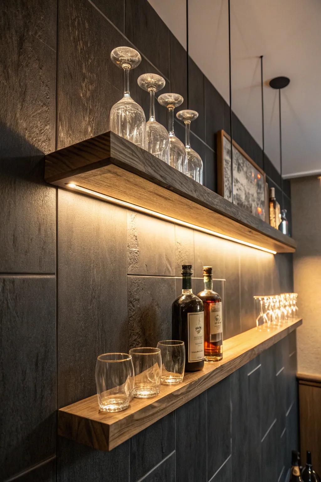 Elevate your man cave with streamlined hanging display shelves, ideal for showcasing your finest spirits and glassware in style.