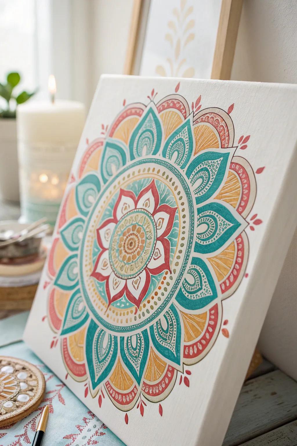 Uncover the artistry of asymmetry through this vibrant mandala revision. Embrace creativity and focus with each brushstroke.