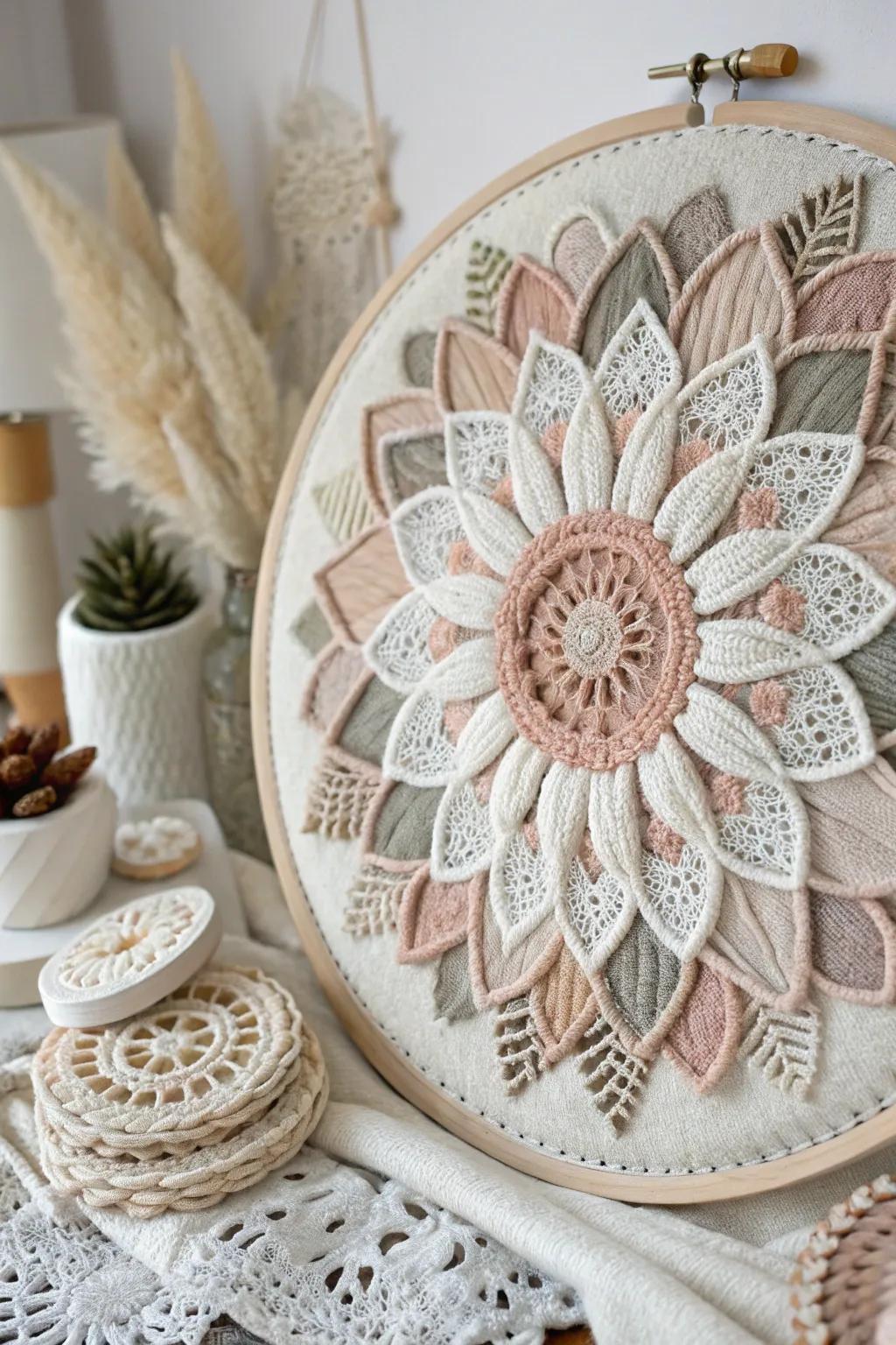 Discover the tactile enchantment of mixed media art with this tangible tapestry that enriches any area with warmth and sophistication.
