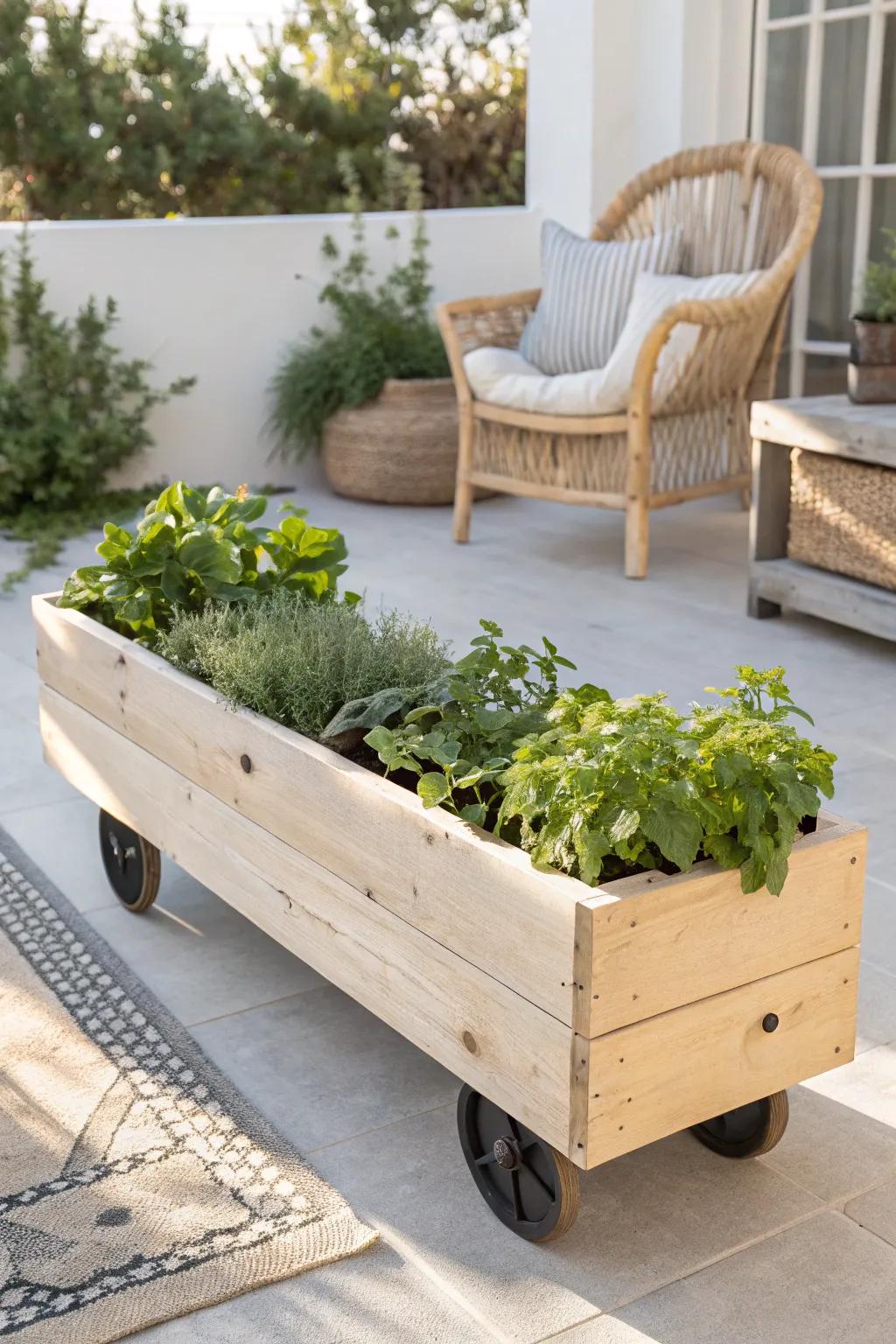 Easily pursue sunlight with this chic mobile garden bed, ideal for a flexible and fashionable outdoor environment.