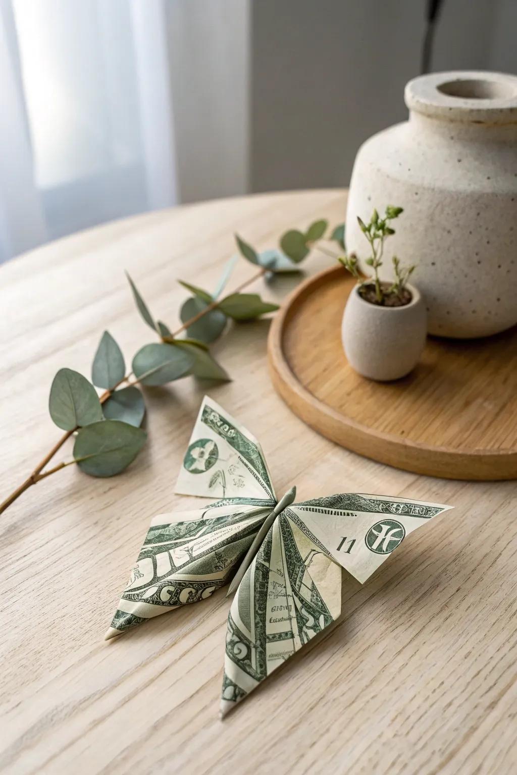 Transform your decor with the enchanting grace of a currency origami butterfly.