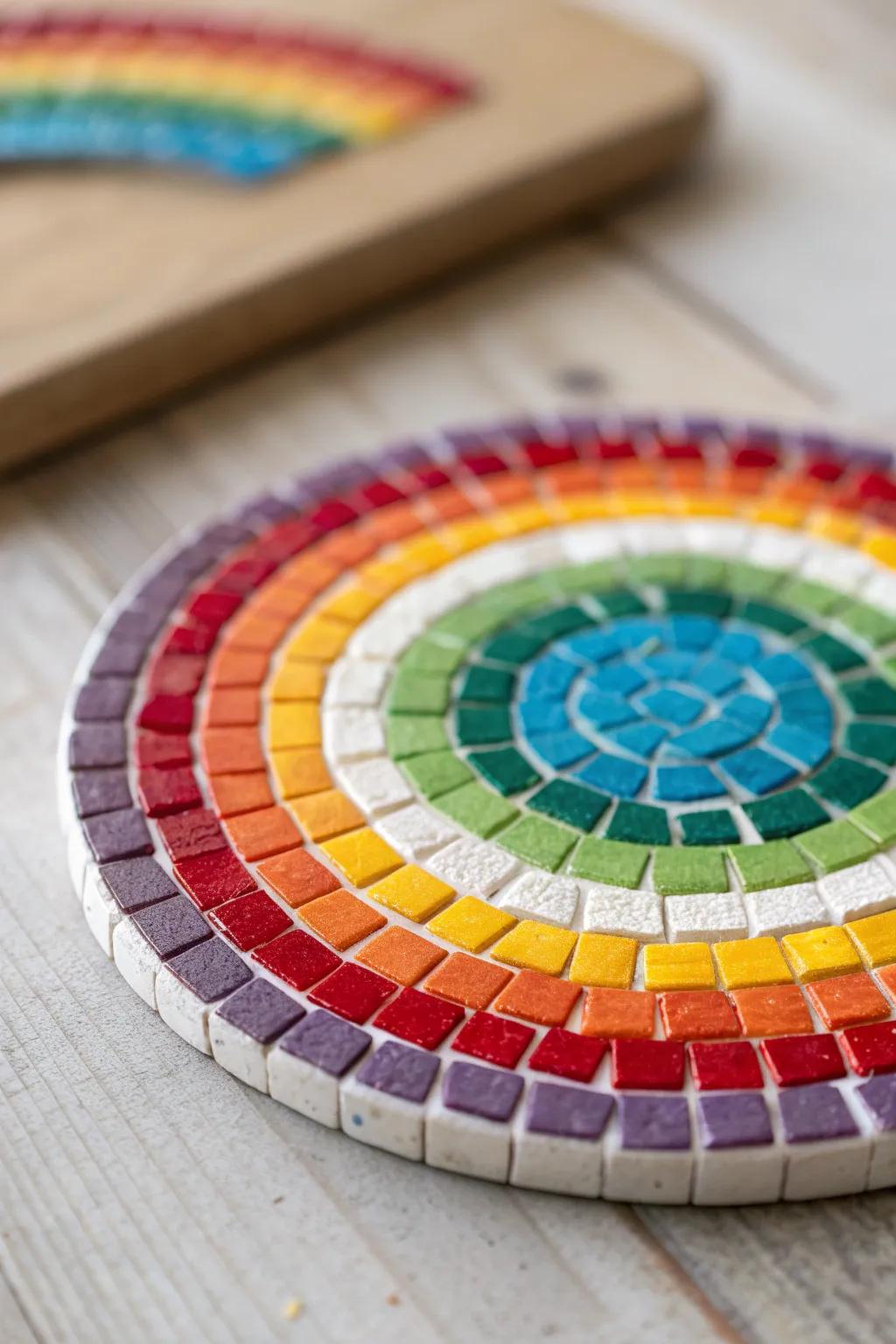 Infuse a burst of color into your milieu with this Prismatic Joy mosaic coaster, where artistry converges with everyday elation.