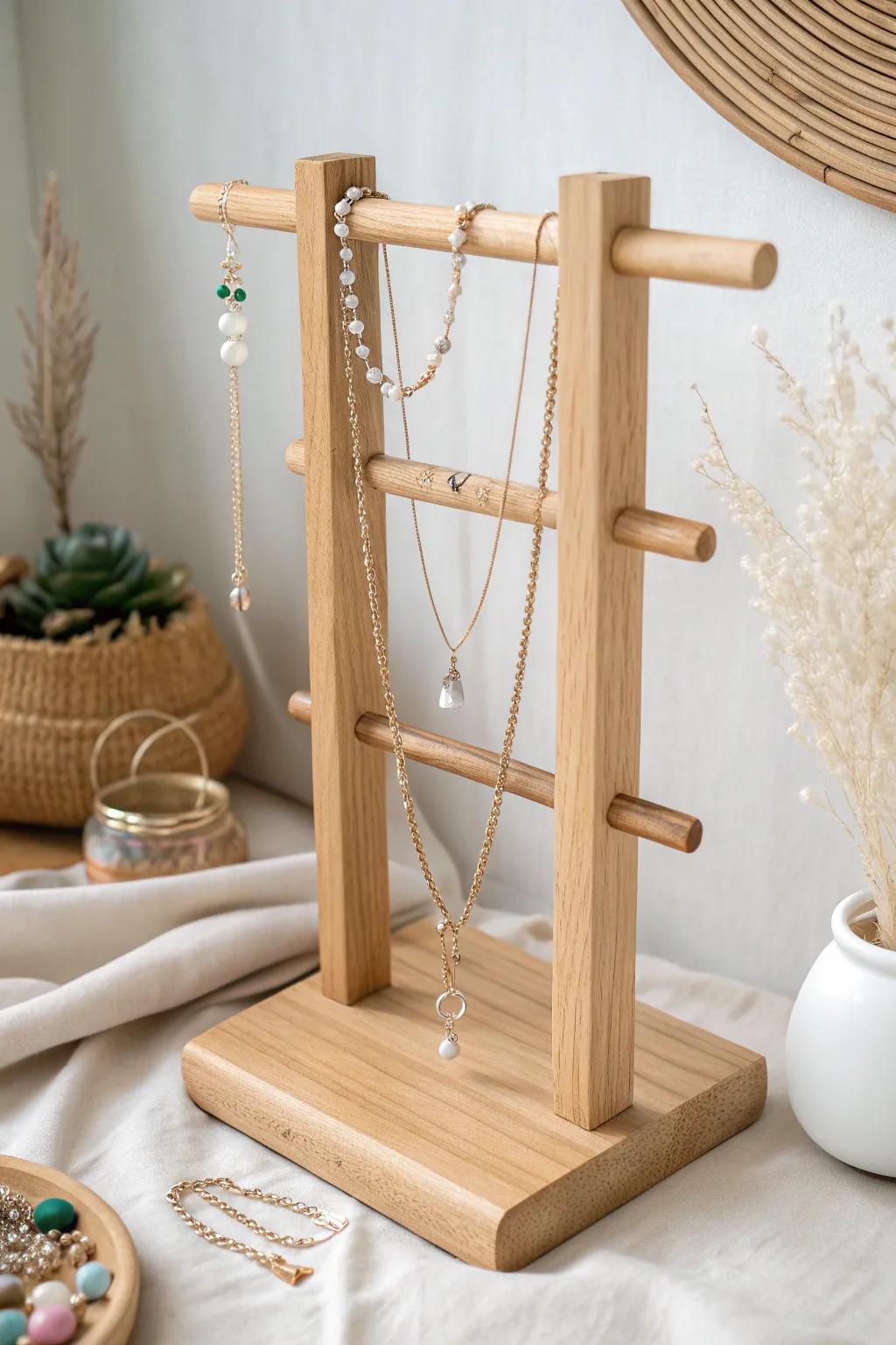 Effortless refinement: Arrange your necklaces with minimalist allure and boho elegance.