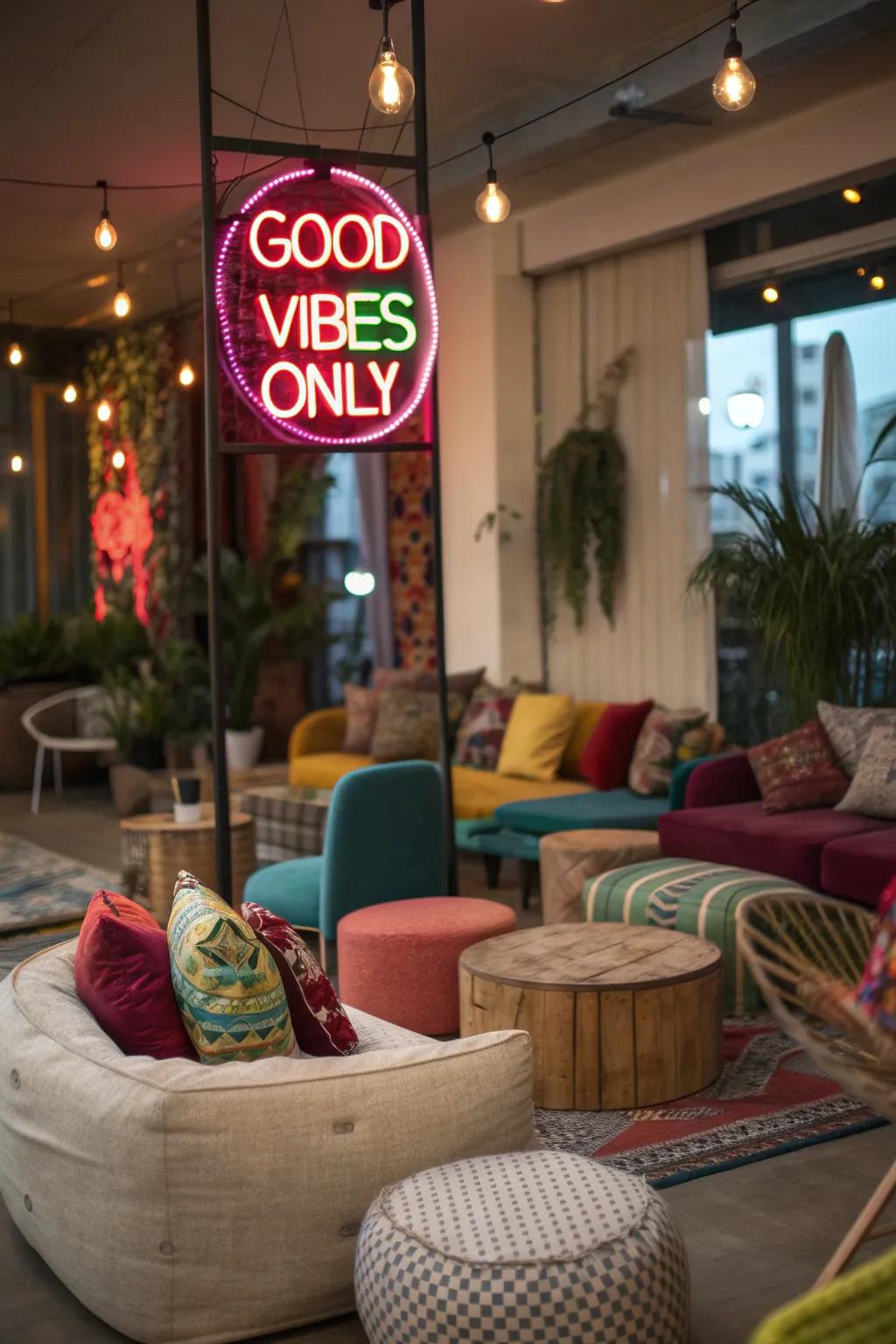 A full living room made better with a fantastic illuminated sign.