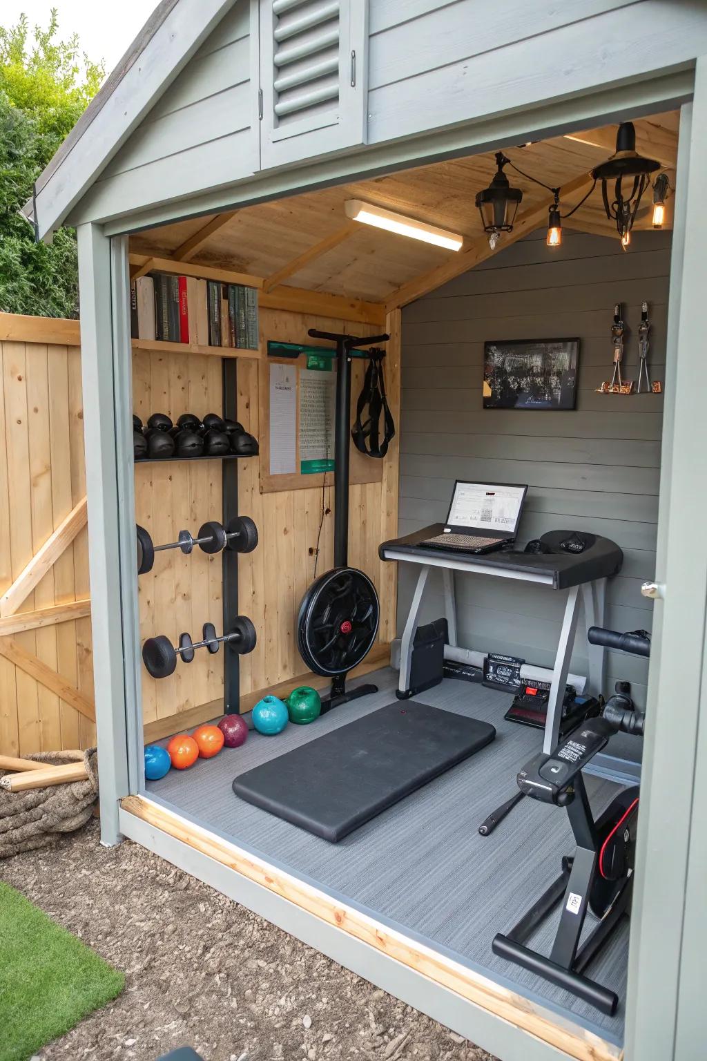 An outbuilding converted into a secluded workout and office escape.