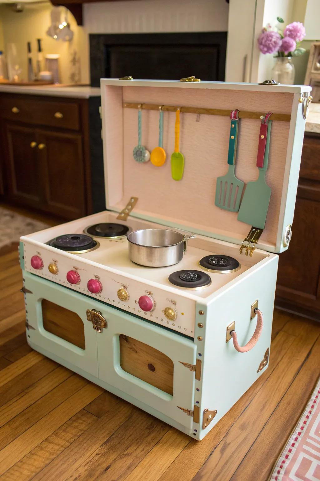 Unleash imagination with this crafty play kitchen trunk—where vintage charm meets endless fun.