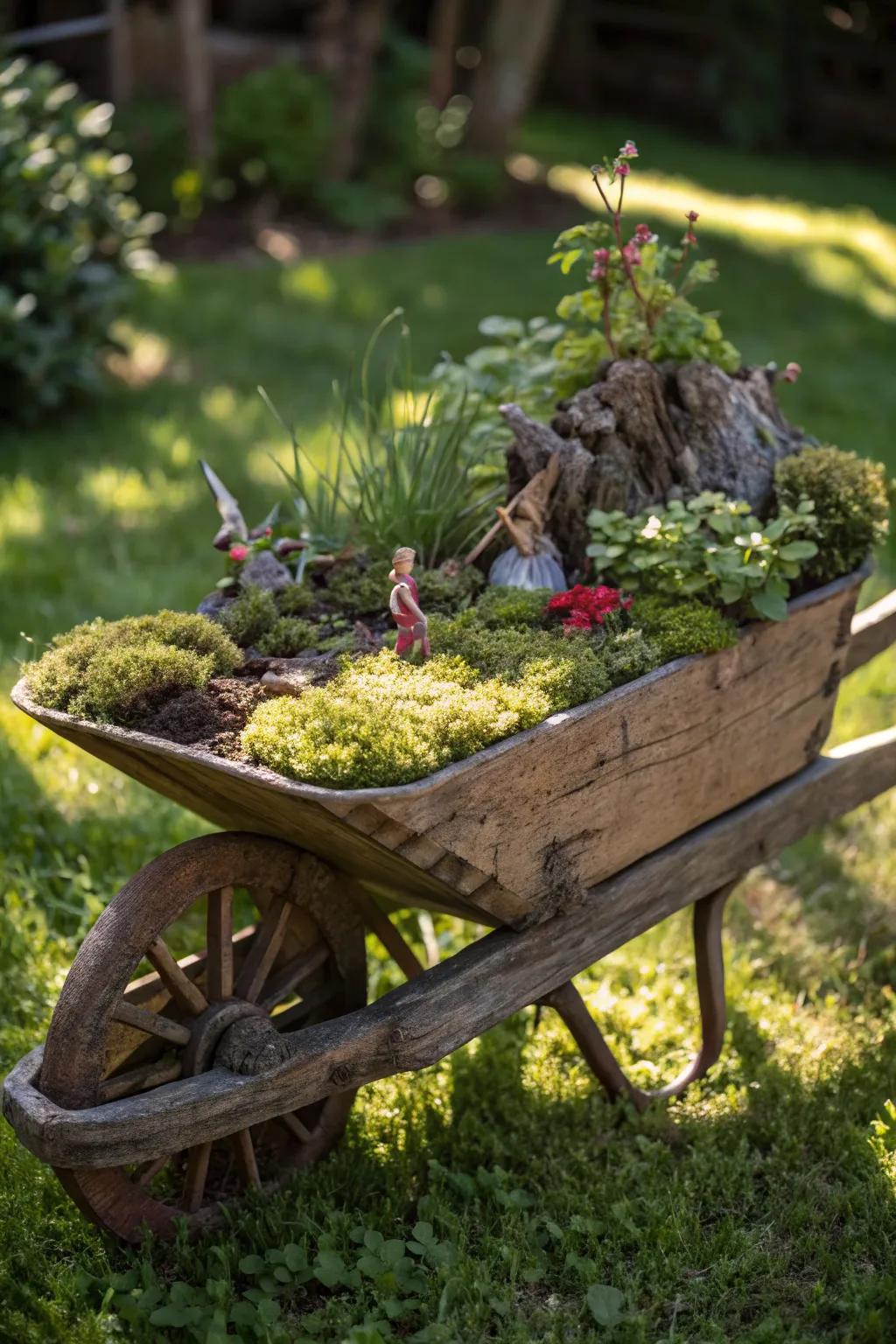 Craft your own enchanted escape with a wheelbarrow fairy garden, where magic intertwines with craftsmanship.