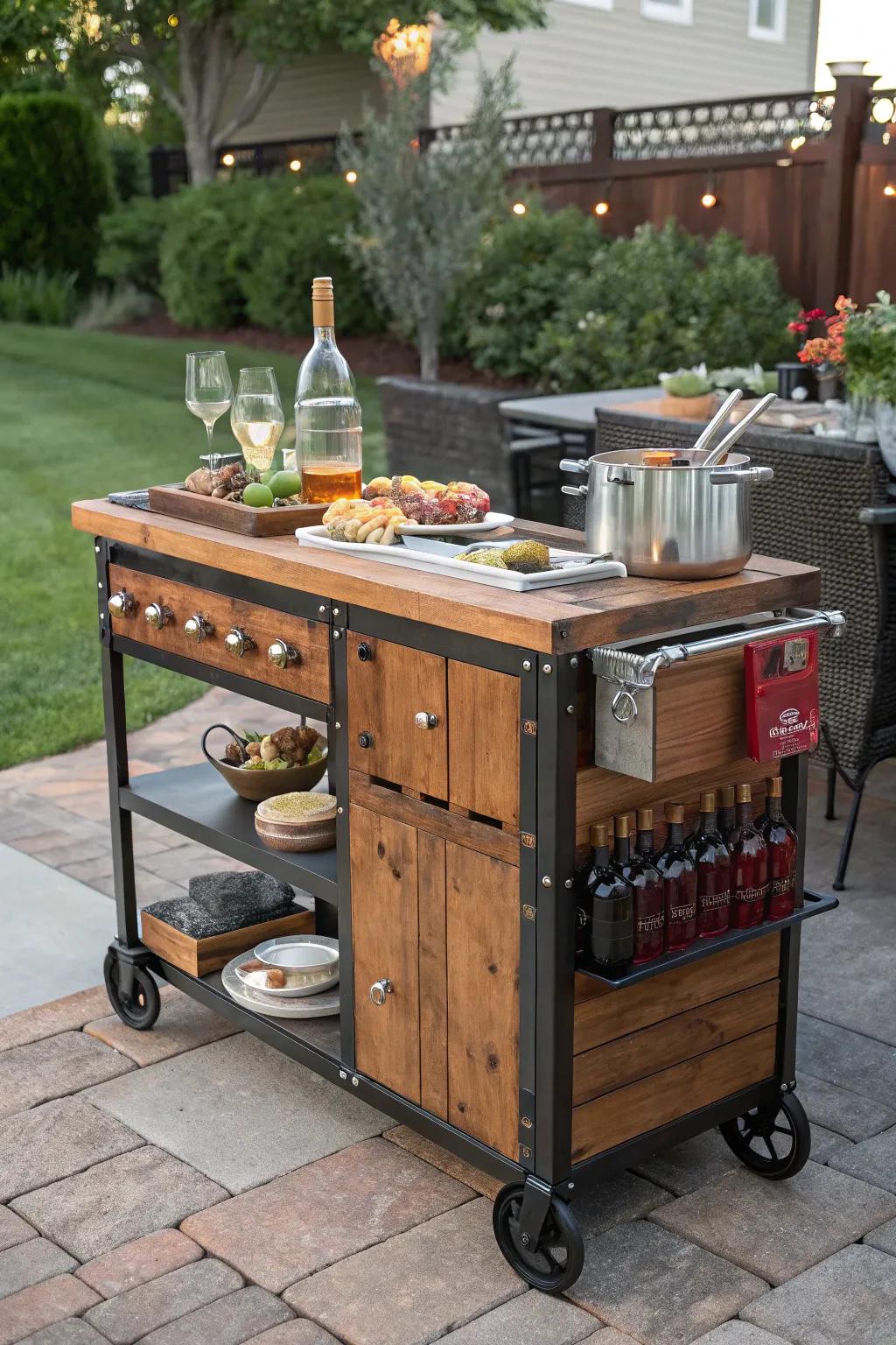 Elevate your outdoor get-togethers with a bespoke mobile kitchen cart that blends style and utility.