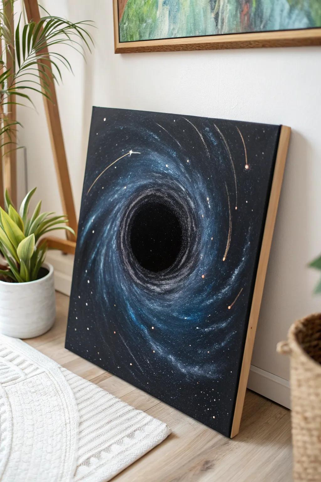 Plunge into the enigma of the cosmos with this minimalist dark void masterpiece.