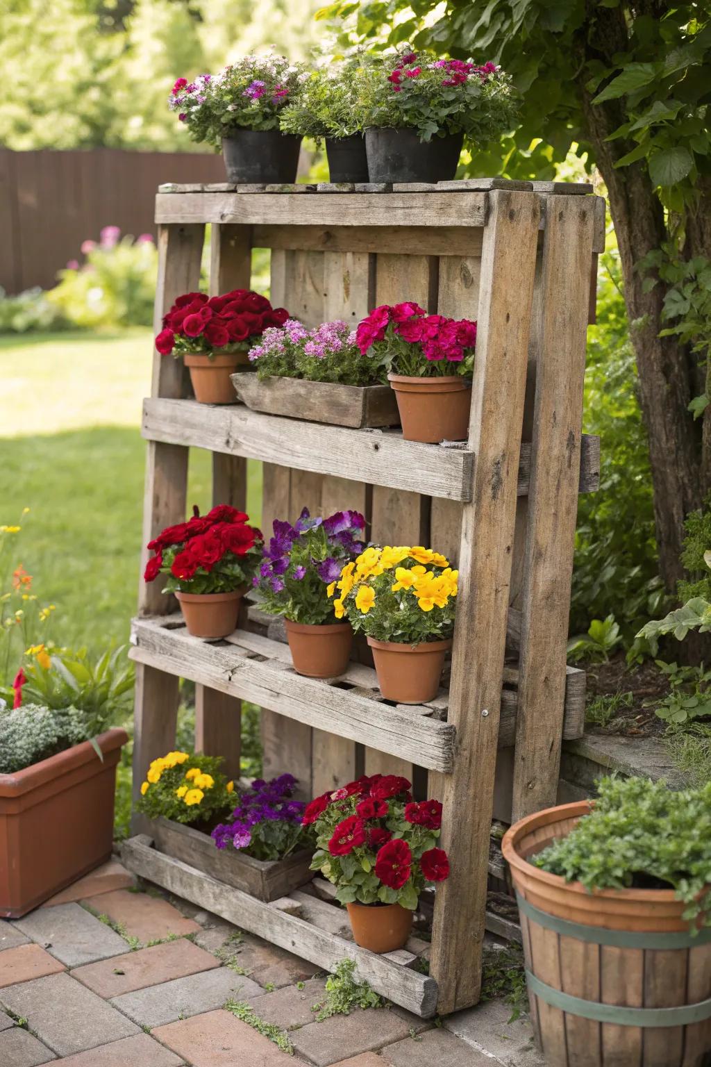 Elevate your garden with a bespoke pallet rack, a flawless fusion of country-inspired allure and natural splendor.