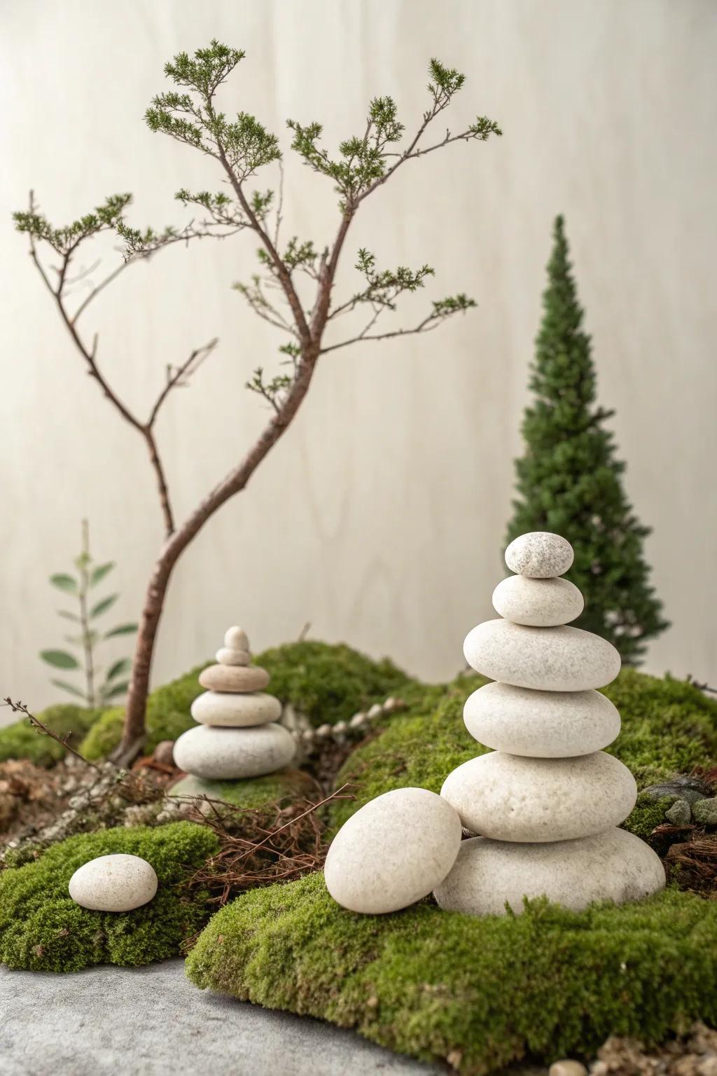 Uncover the serene allure of pebble artistry through this captivating woodland setting, where nature intertwines with minimalist design.