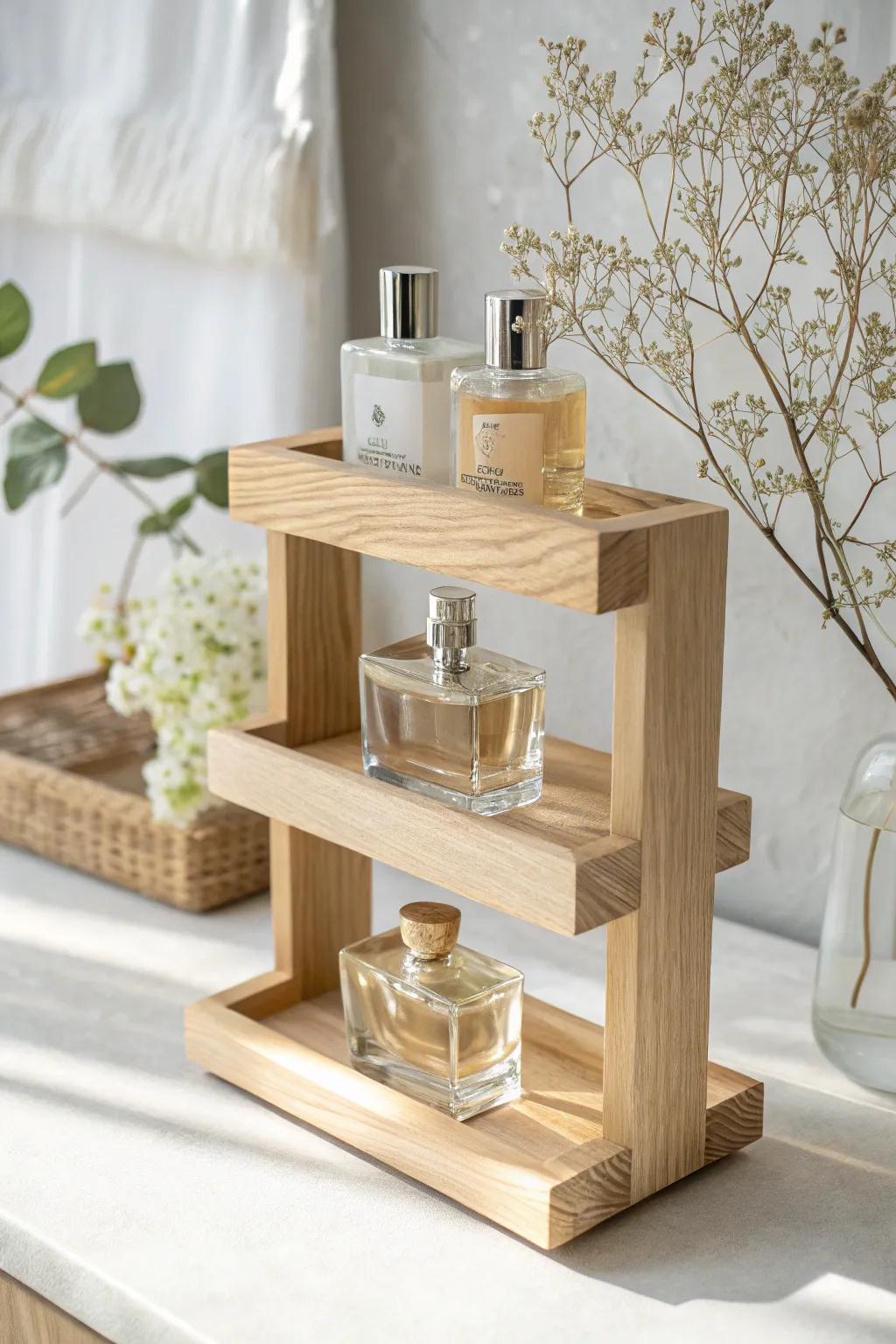 Enhance your perfume collection with this chic and minimalistic tiered stand—where simplicity meets elegance.
