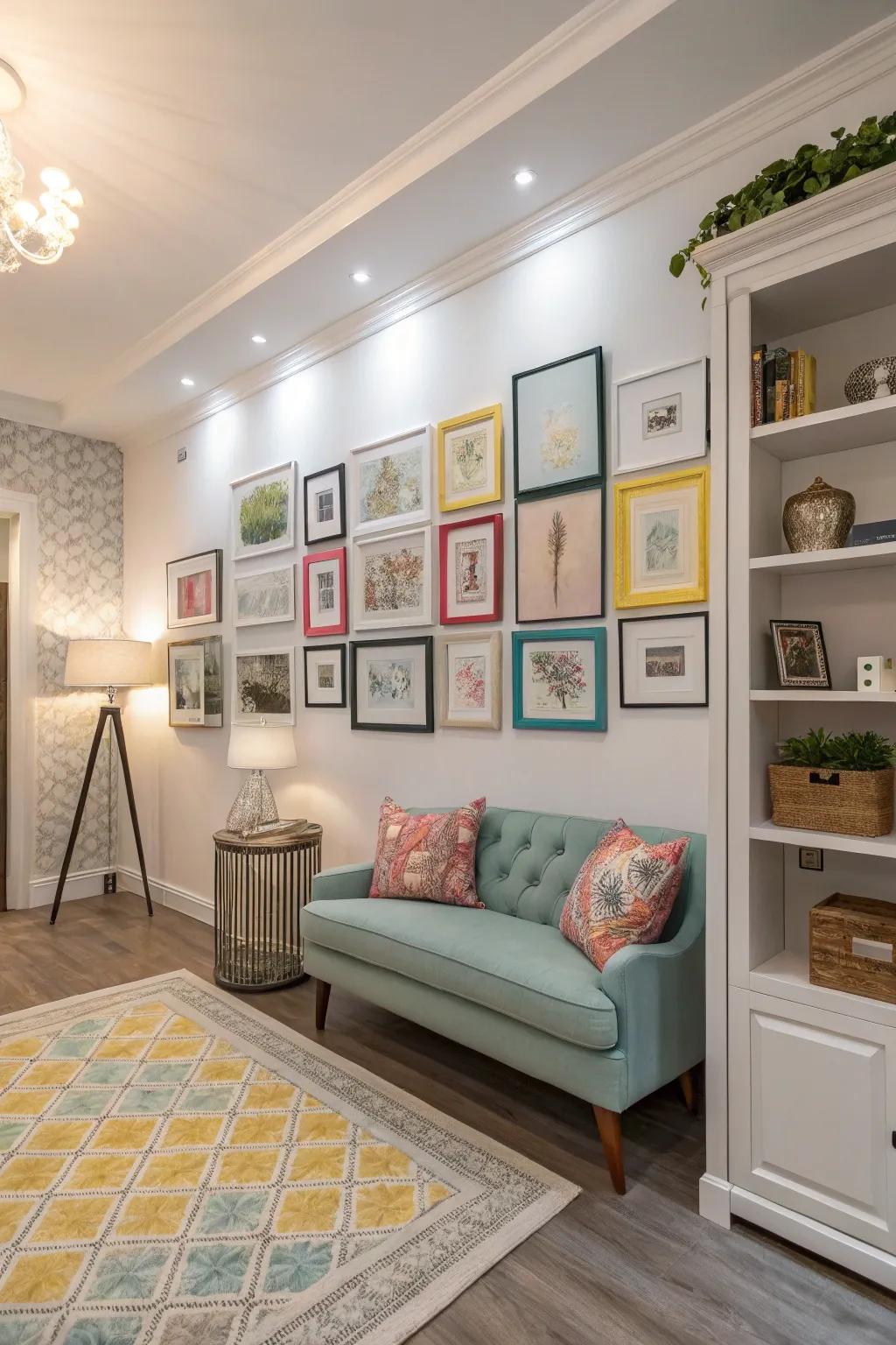 Color-coordinated frames integrate smoothly with the room's decor.