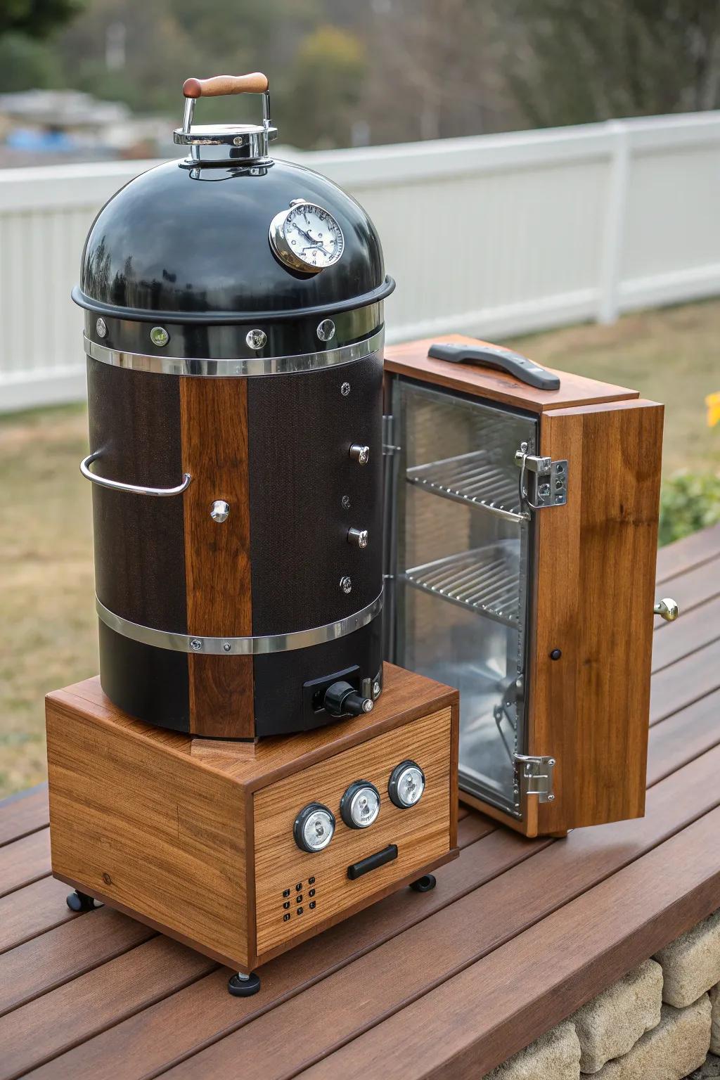 Unearth the art of craftsmanship with this exceptional self-built smoker, interweaving timber, metal, and glass for a modern edge.