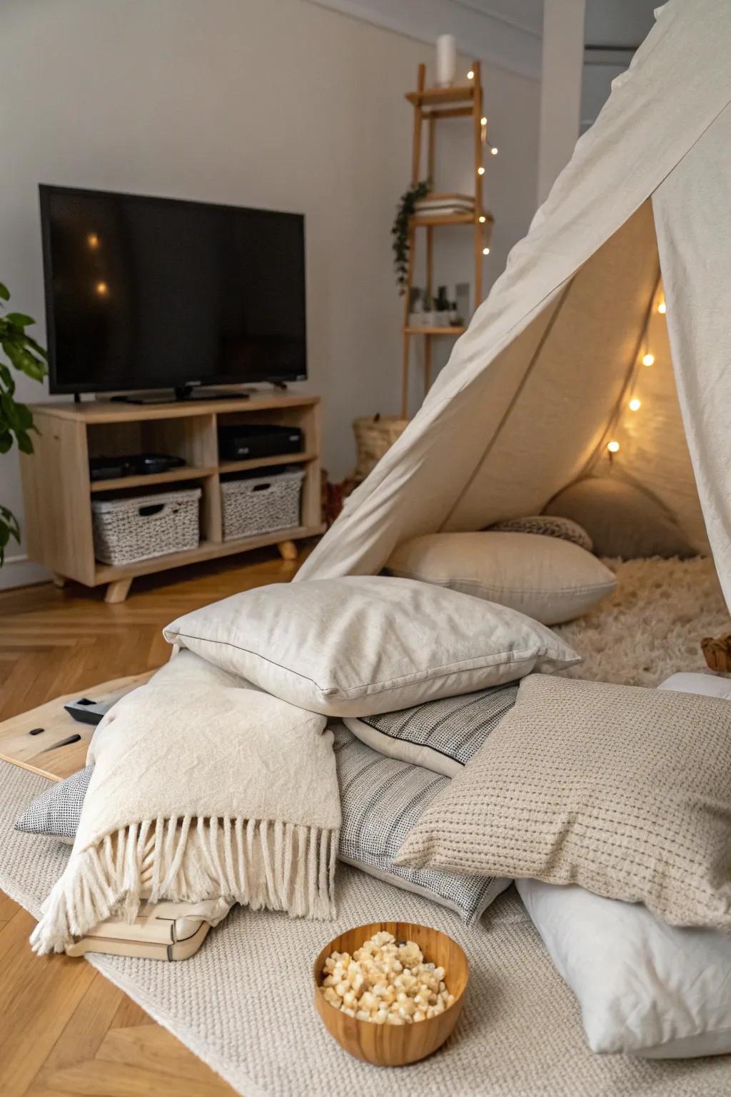 Snuggle up in lavish style with this chic pillow fort, the perfect venue for your forthcoming movie marathon!