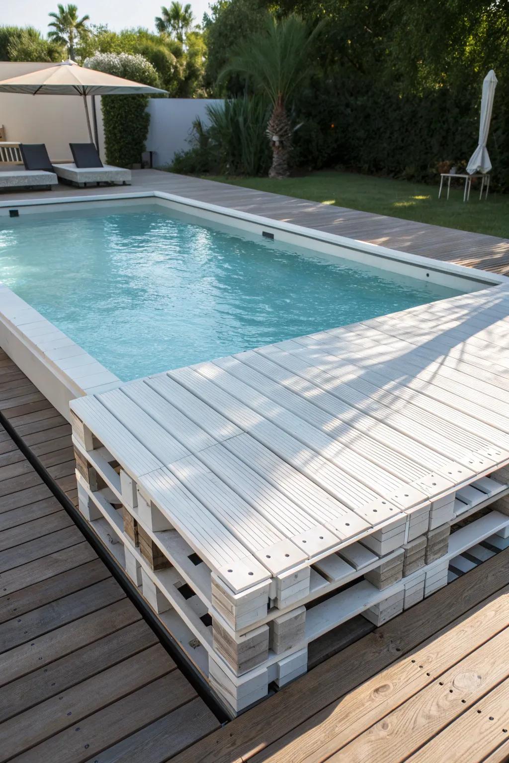 Elevate your poolside relaxation with a handcrafted floating patio made from repurposed skids.
