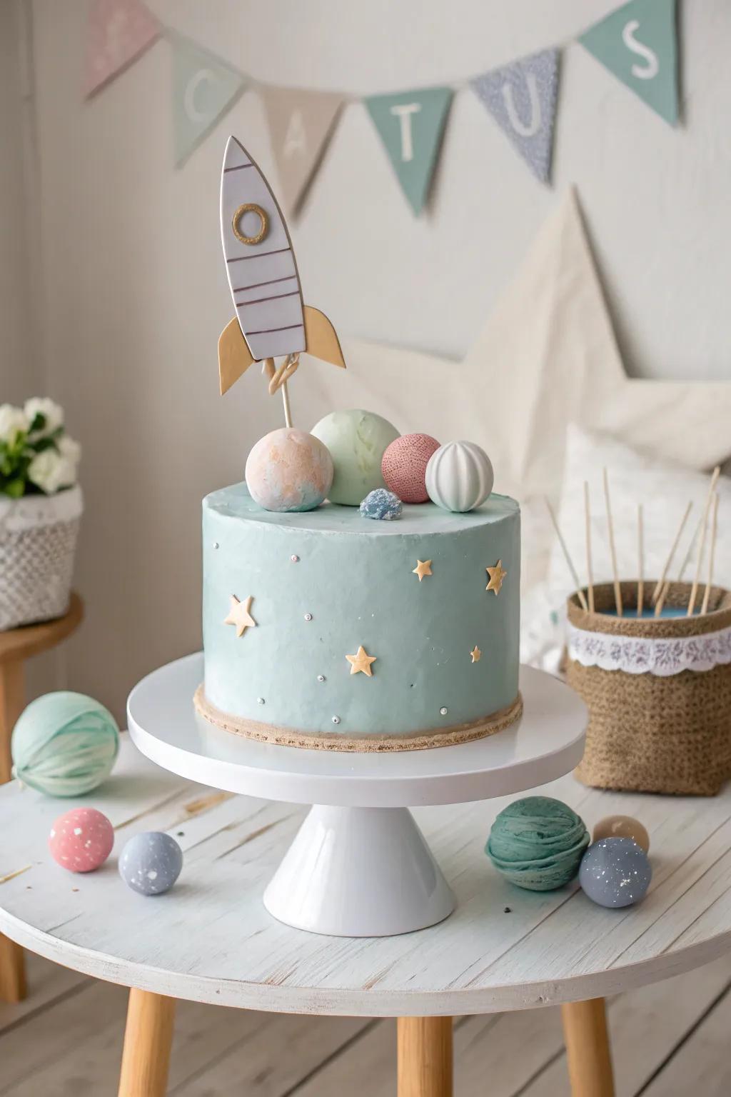 Launch into a birthday expedition with this dreamy celestial-themed cake! 🚀✨