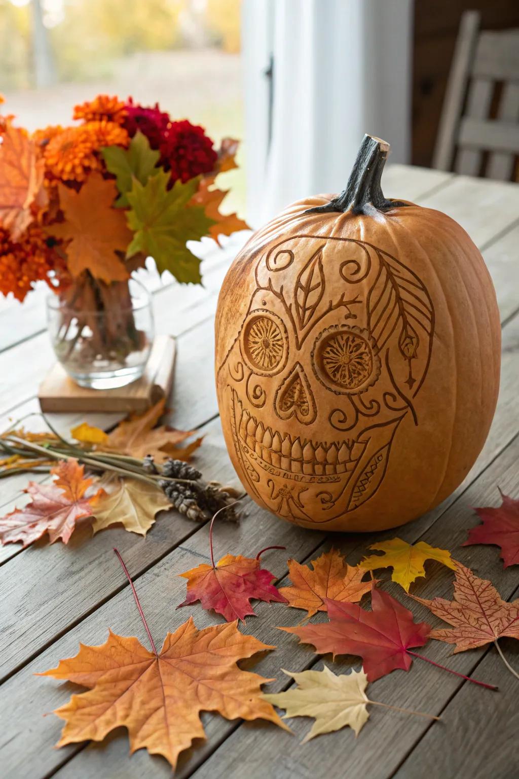 Elevate your Halloween decor with a masterfully carved skull pumpkin, embraced by nature's autumnal touch.