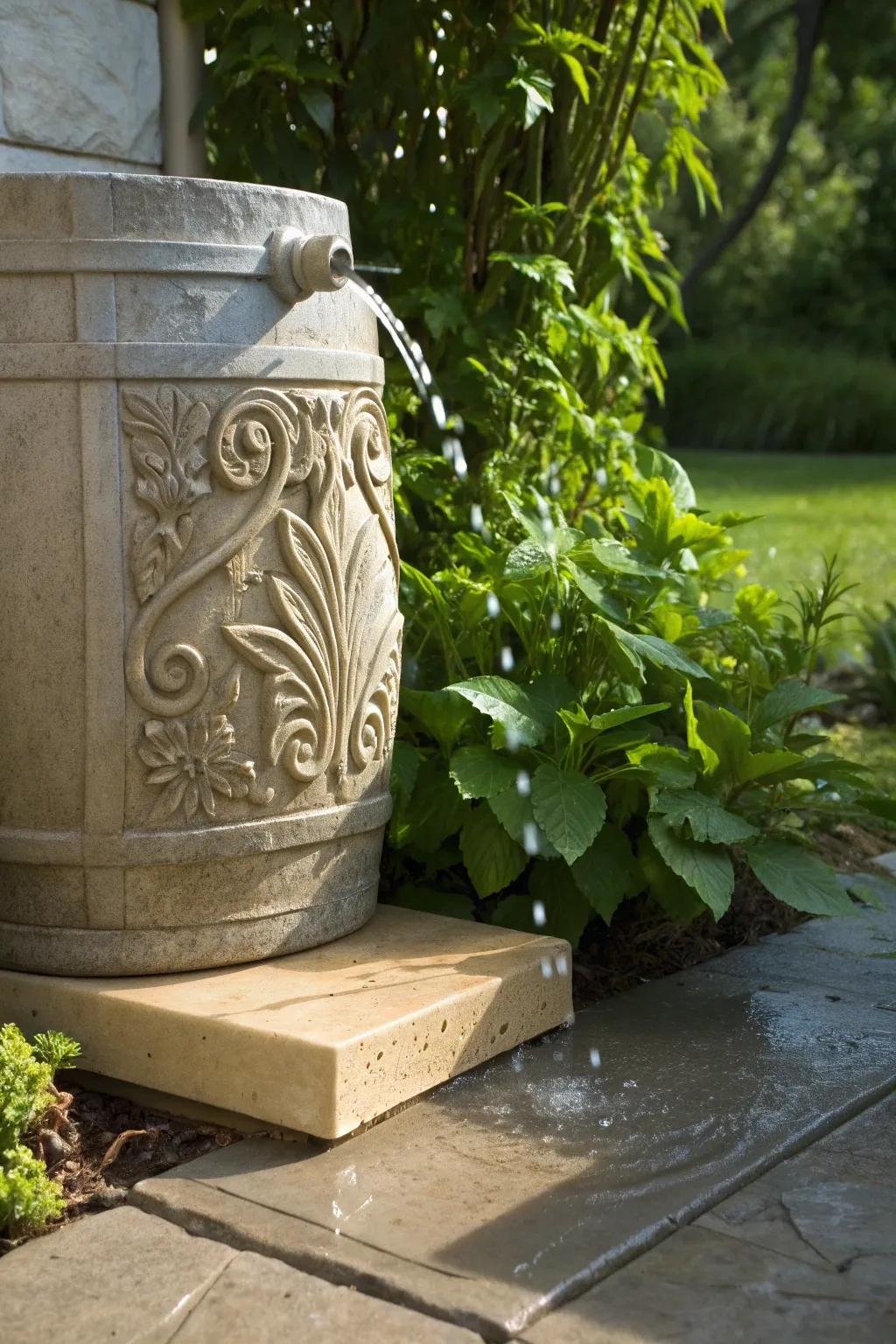 Artful functionality: An exquisitely designed splash guard efficiently channels rainwater while contributing an element of elegance to your garden.
