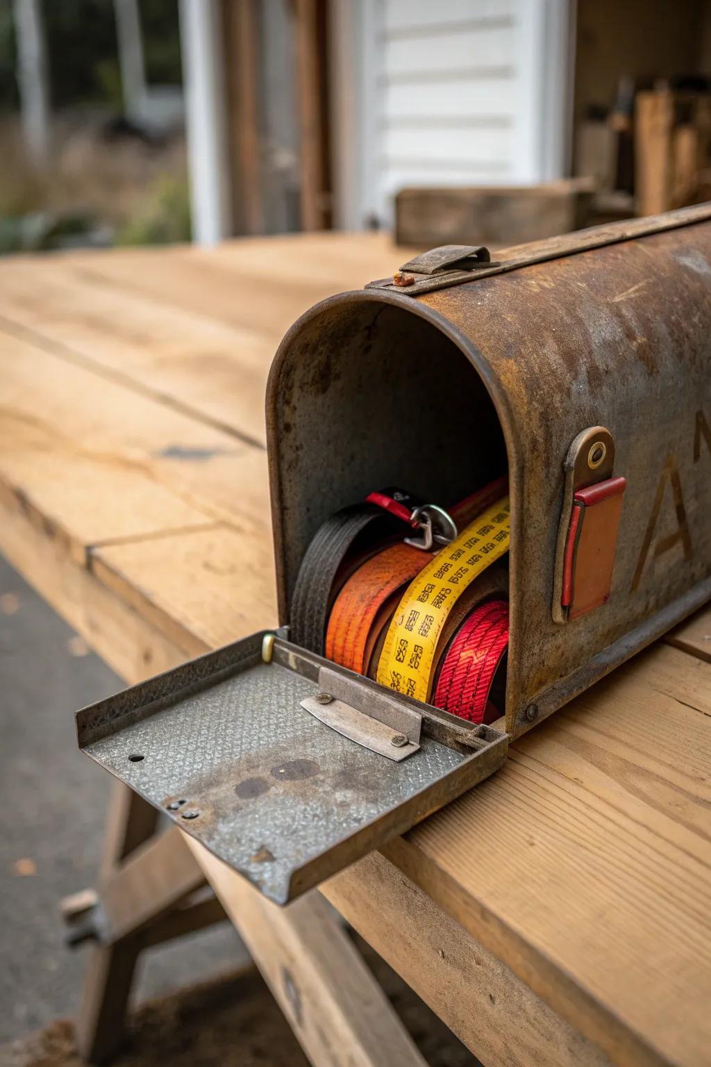 Where craftsmanship and creativity converge: a repurposed mailbox for storing tie-down straps.
