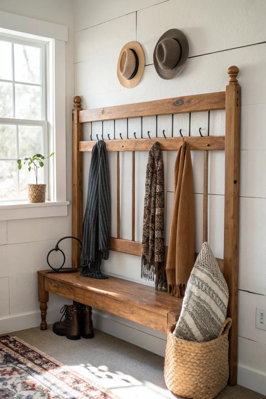 Transform your space with this chic coat rack made from an old bed frame—where Scandinavian minimalism meets boho charm.