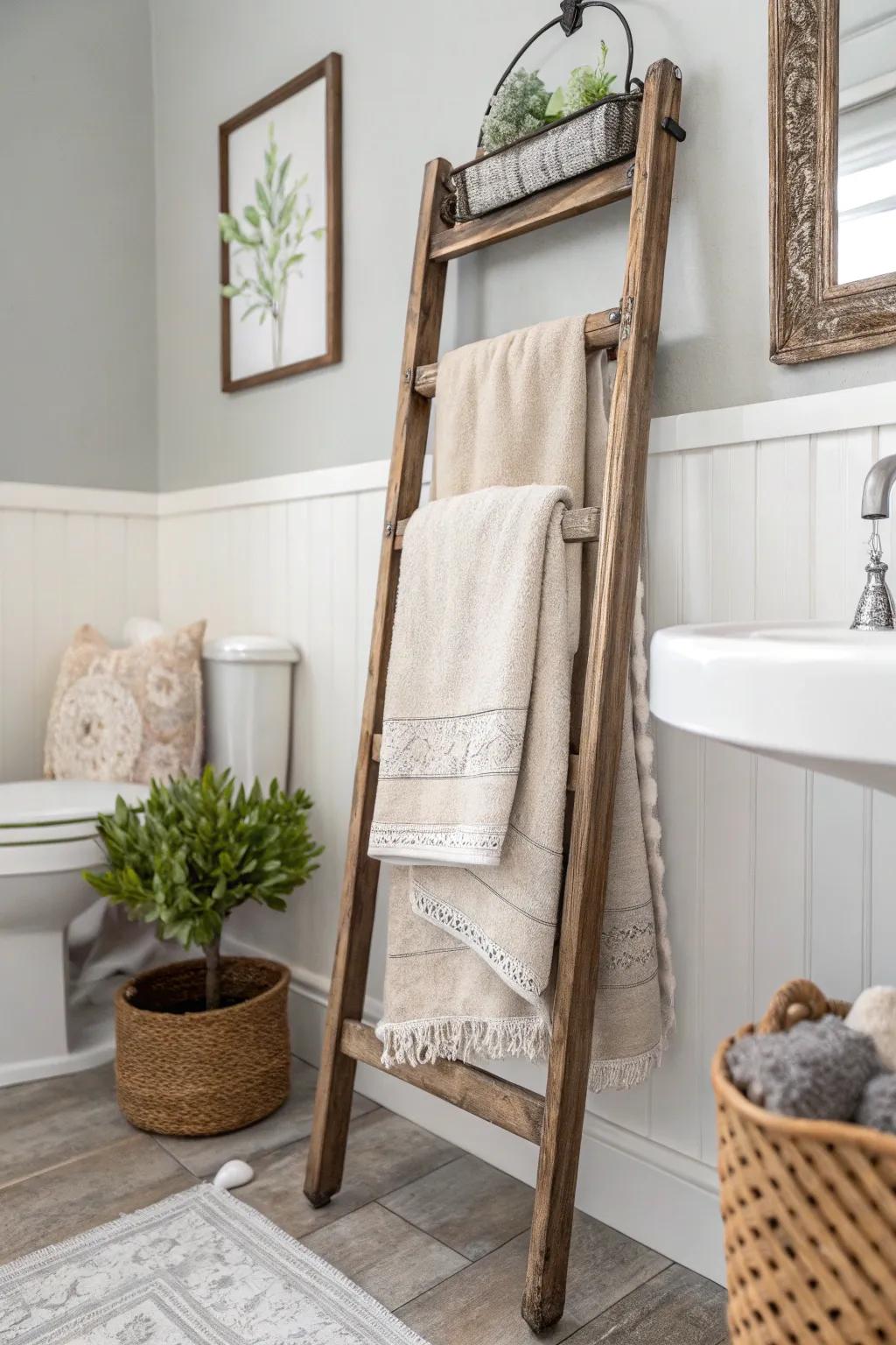 Convert vintage charm into practicality with this elegant chair-back towel rack! #ScandiBoho #RepurposedBeauty