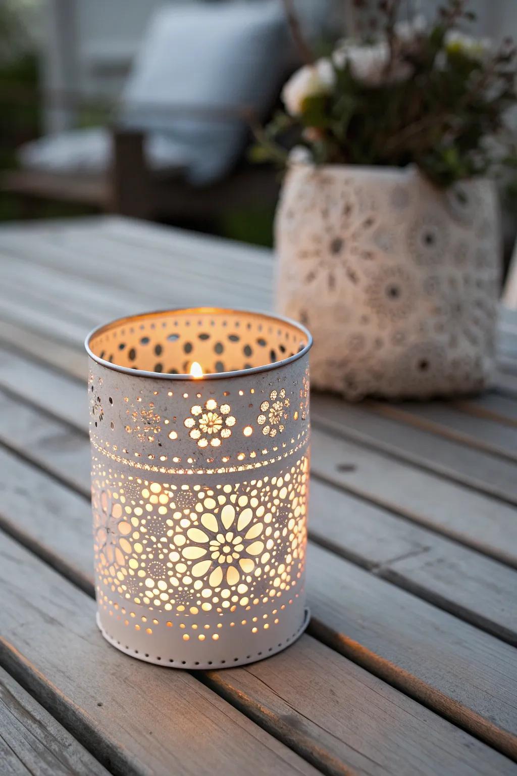 Alter mundane metallic vessels into mesmerizing luminary holders that illuminate your abode with handcrafted elegance.