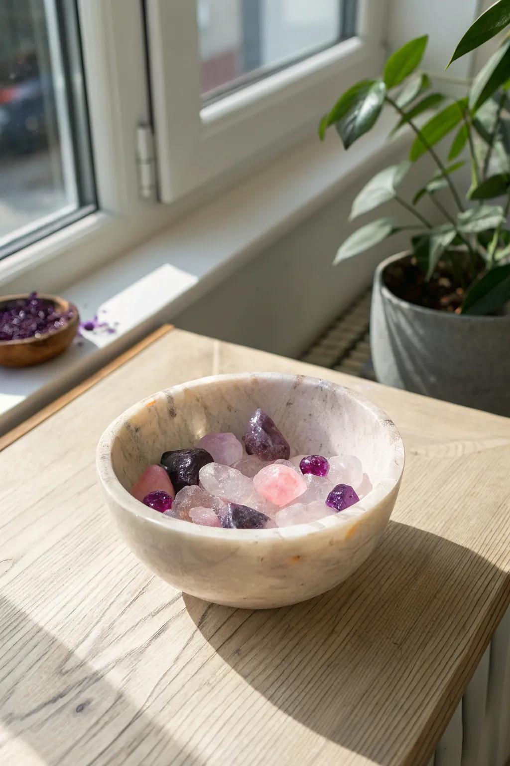 Lift your area through the comforting loveliness of gem-embedded resin bowls.