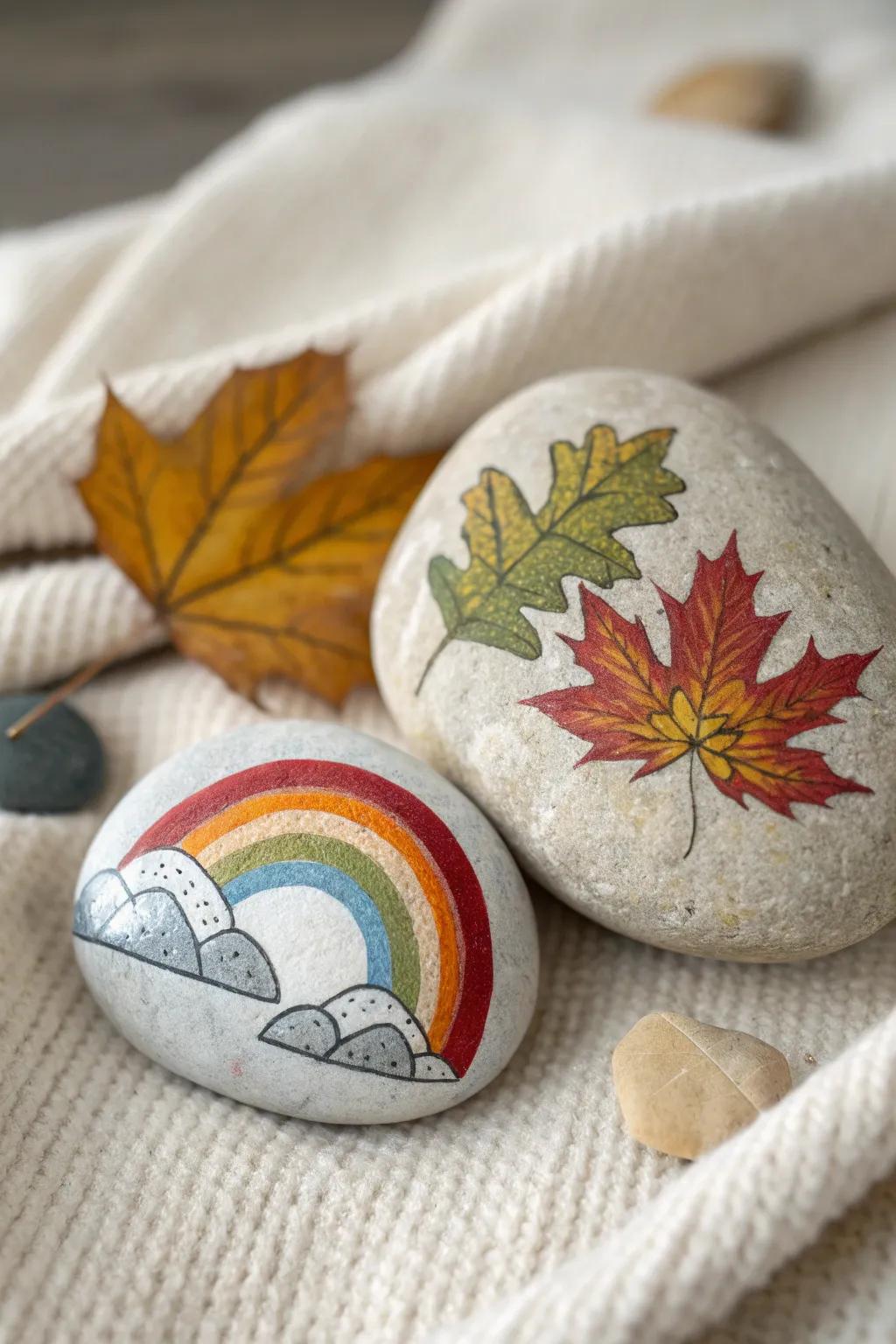 Celebrate each season through artistry and nature. 🌈🍂 #SeasonalRockArt #ScandinavianBohoStyle