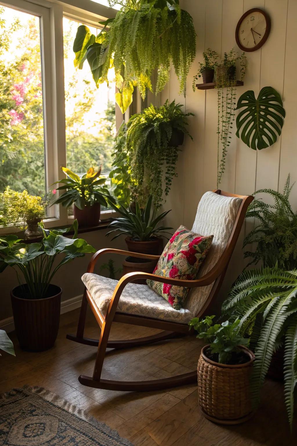 A rocking chair elegantly encircled by thriving verdure.