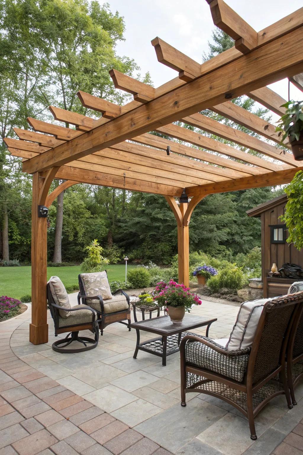 A framework roof provides a stylish and welcoming outdoor space.