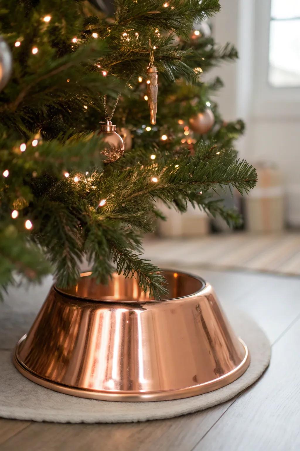 A polished roseate arbor base introduces a modern element to the tree.