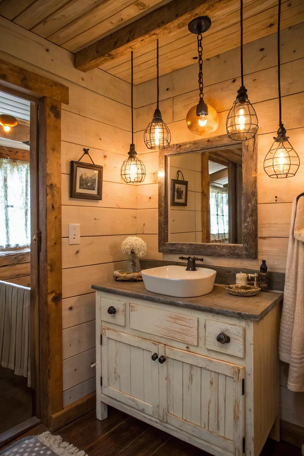A country bathroom featuring pendant lighting above the vanity.