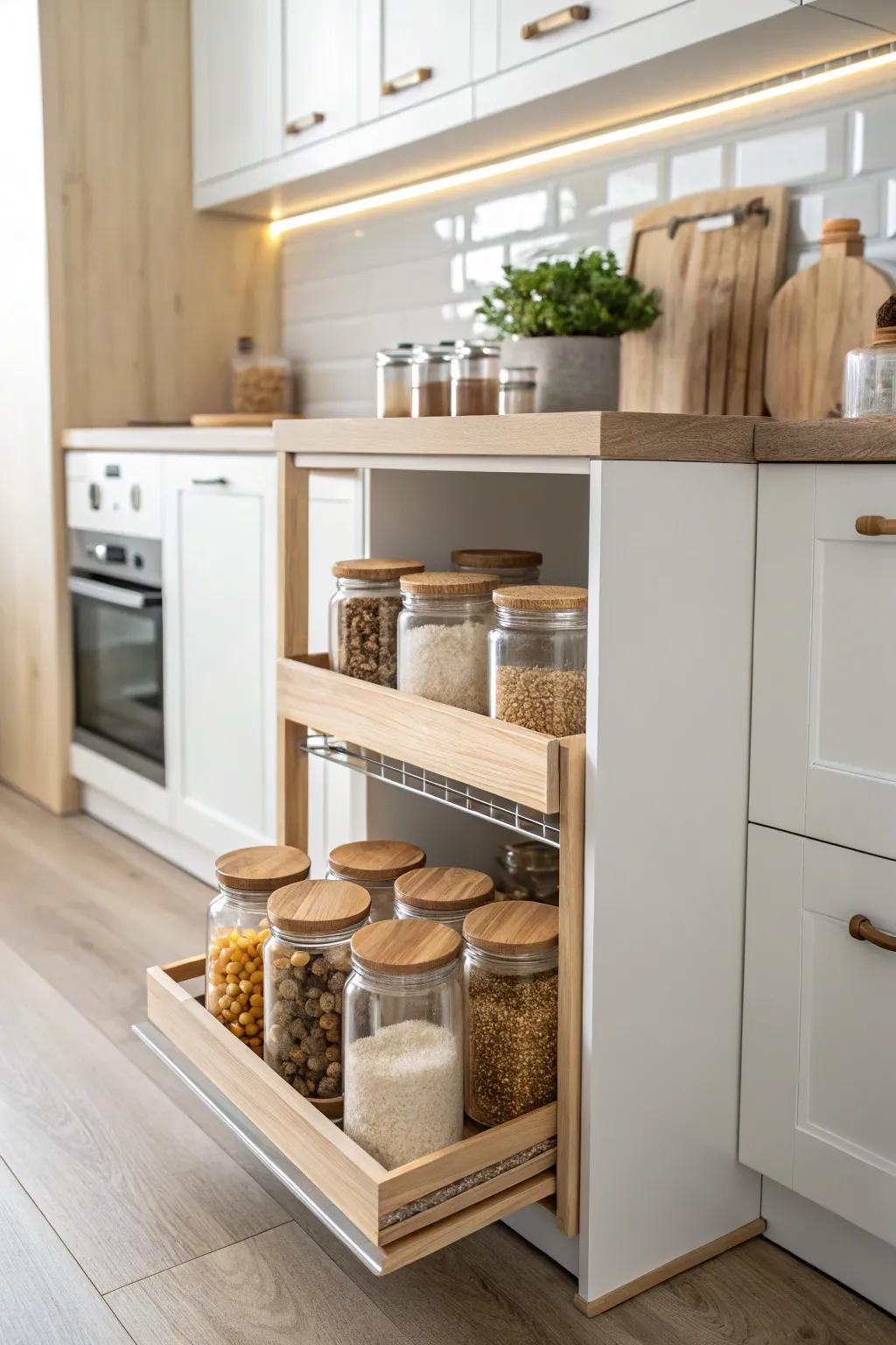 Transform your kitchen with sliding larder shelves – where style seamlessly blends with function.