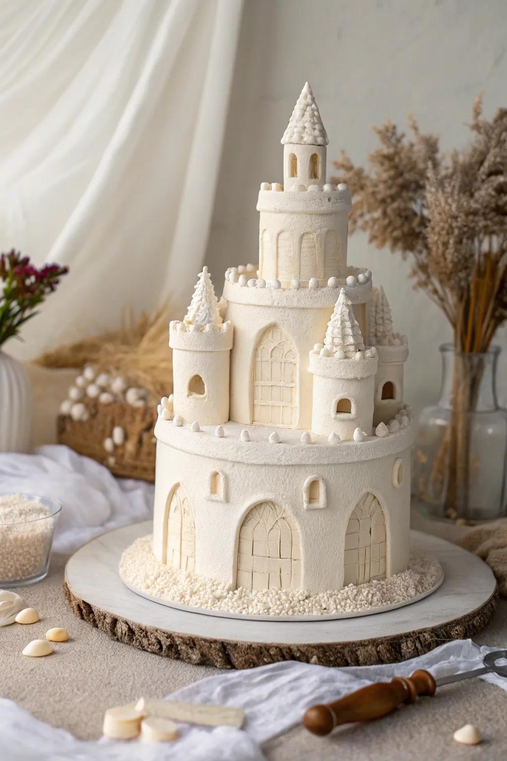 Transform your celebration with a magnificent sandcastle cake, sculpted flawlessly through marshmallow icing. Embrace the art of simplicity and sophistication.
