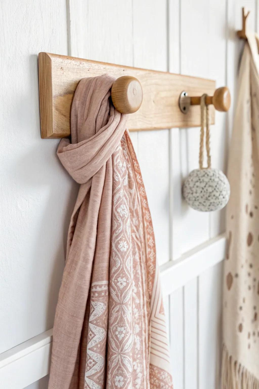 Elevate your scarf storage with minimalist elegance: Beautifully crafted pegs for an organized and stylish touch.