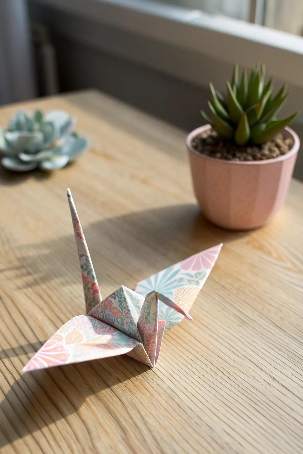Find peace through the craft of origami with a graceful paper crane.