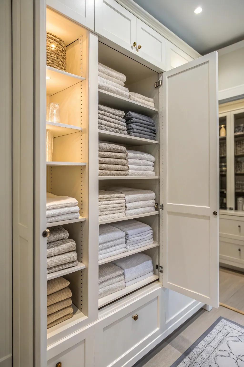 Integrated cabinets provide an elegant and functional means to store your linens.