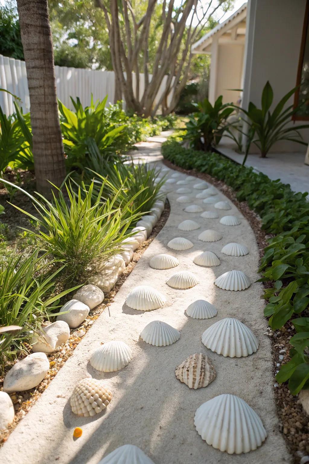 Revamp your garden into a coastal sanctuary using a seashell-lined pathway that echoes tranquility.