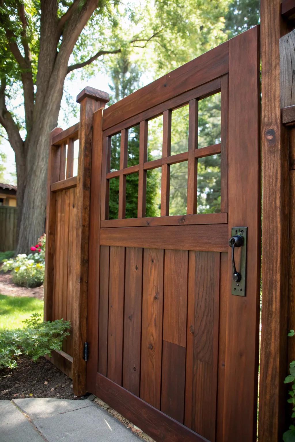 Peek into style using a windowpane wood gate that intermingles artistry with allure.