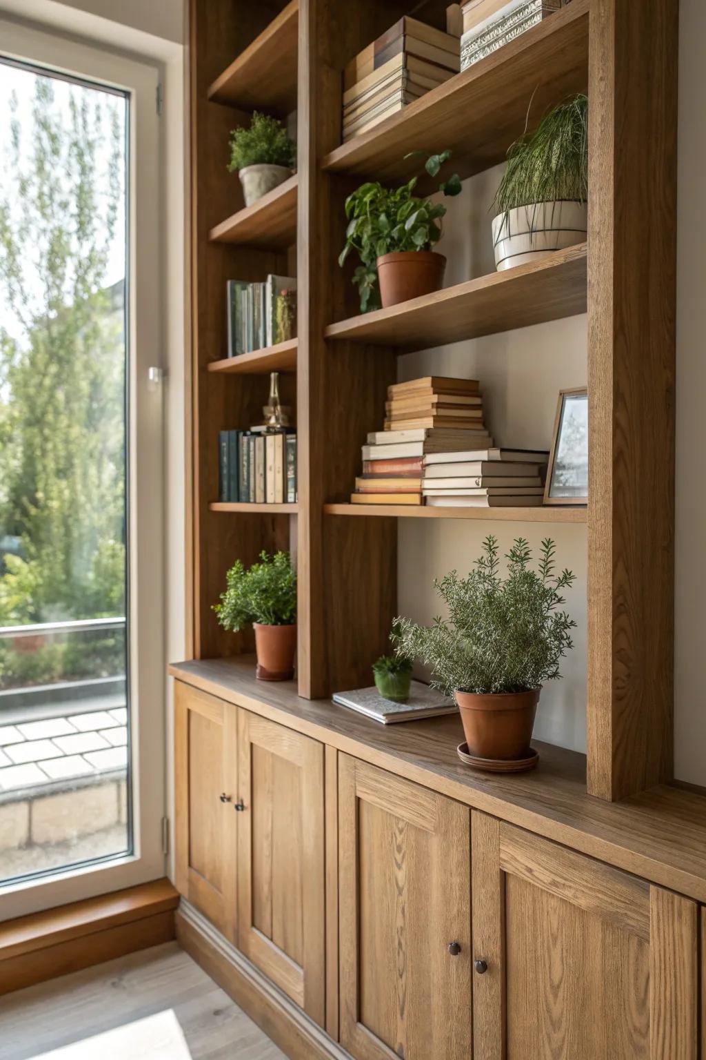 Elevate your dwelling with handcrafted window sill ledges that unite books and botanical displays under the sun.