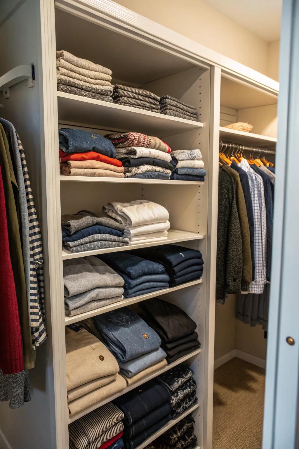 Neatly folded garments make a closet look organized and spacious.