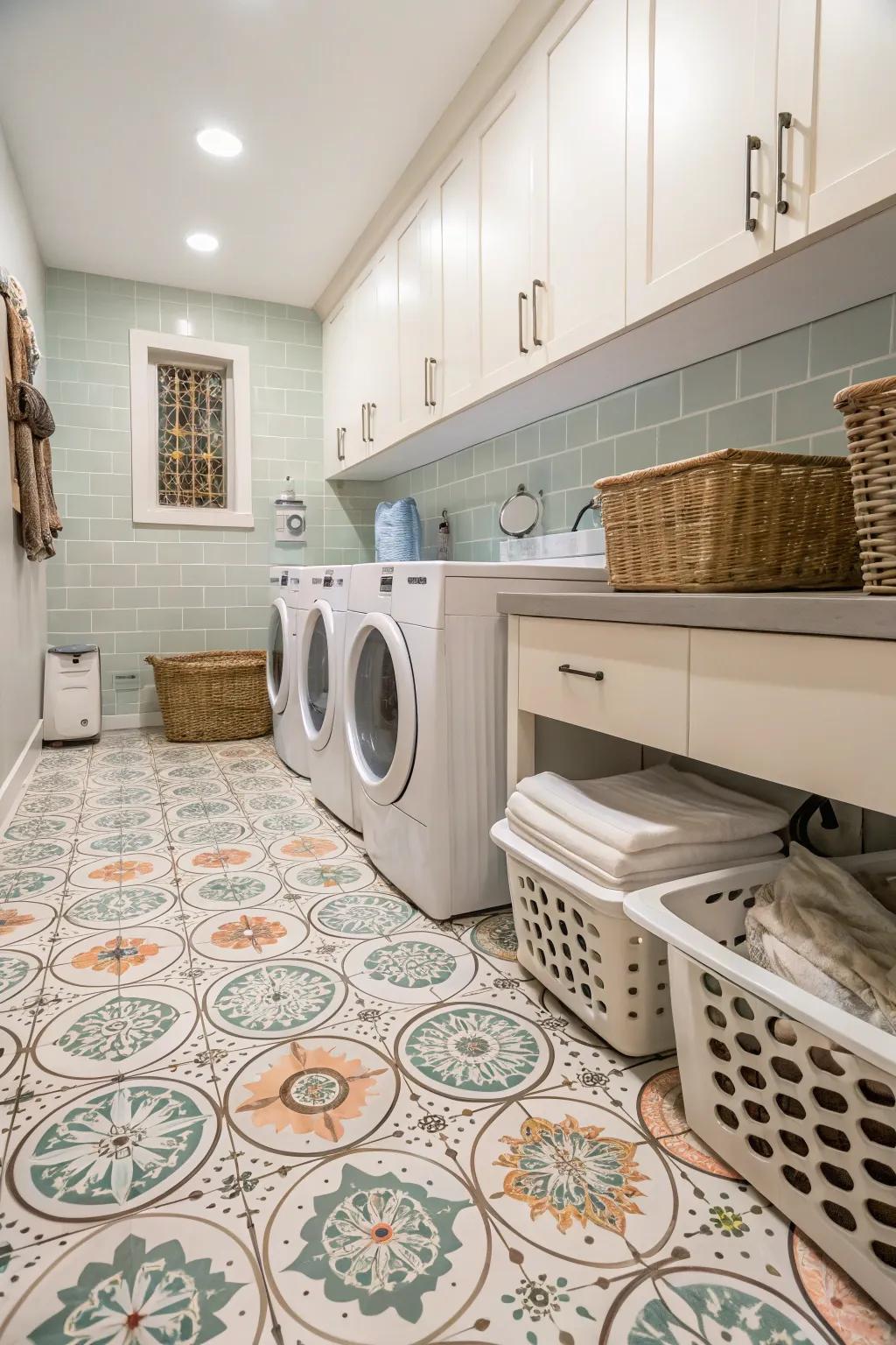 Patterned flooring adds flair and practicality to your laundry room.